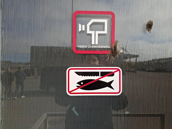 No knife and fish sticker on a glass door next to video surveillance, presenting signs with potential mistakes.