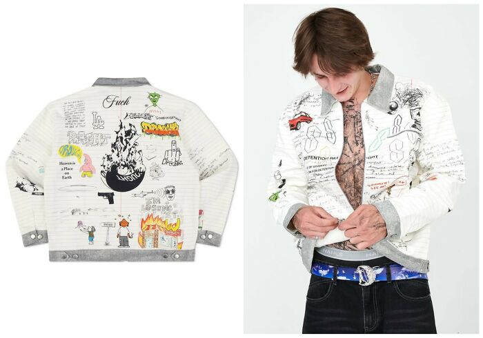 A white jacket inspired by early internet nostalgia covered with digital school doodles and graffiti