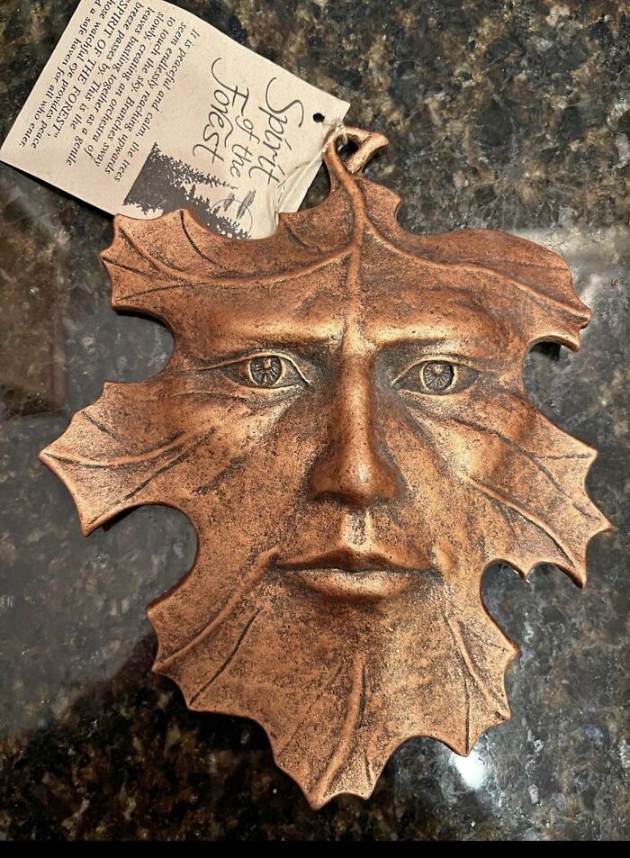 A detailed clay wall hanging resembling a leaf face, discovered among unique thrift store finds