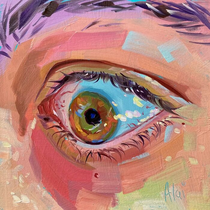 Close-up of a colorful hand-painted eye in Alai Paintings style