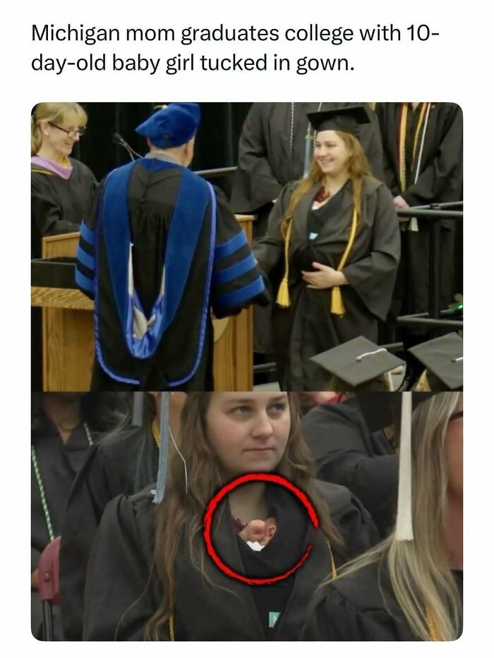 A college graduate holding her newborn baby under her gown, featuring fascinating stories from the web.