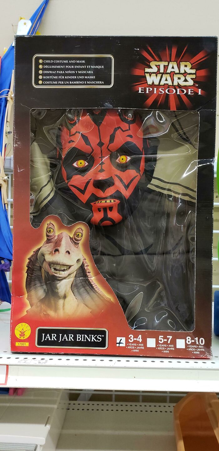 Darth Maul mask in a Star Wars costume package mislabeled as Jar Jar Binks, a funny packaging fail.