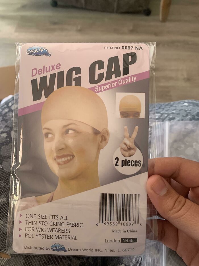 A product package demonstrating bad packaging fails with misspelled words on a wig cap label.