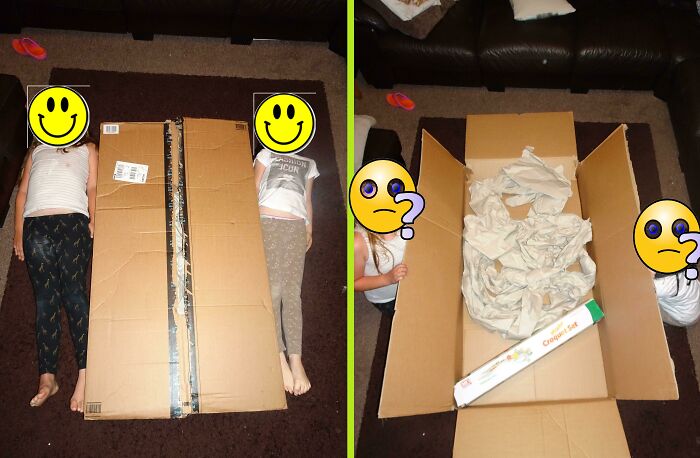 Huge cardboard delivery box containing a small croquet set, highlighting extreme bad packaging fails