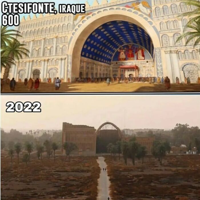 Reconstruction of Ctesiphon in Iraq year 600 compared with modern ruins in facts about the past