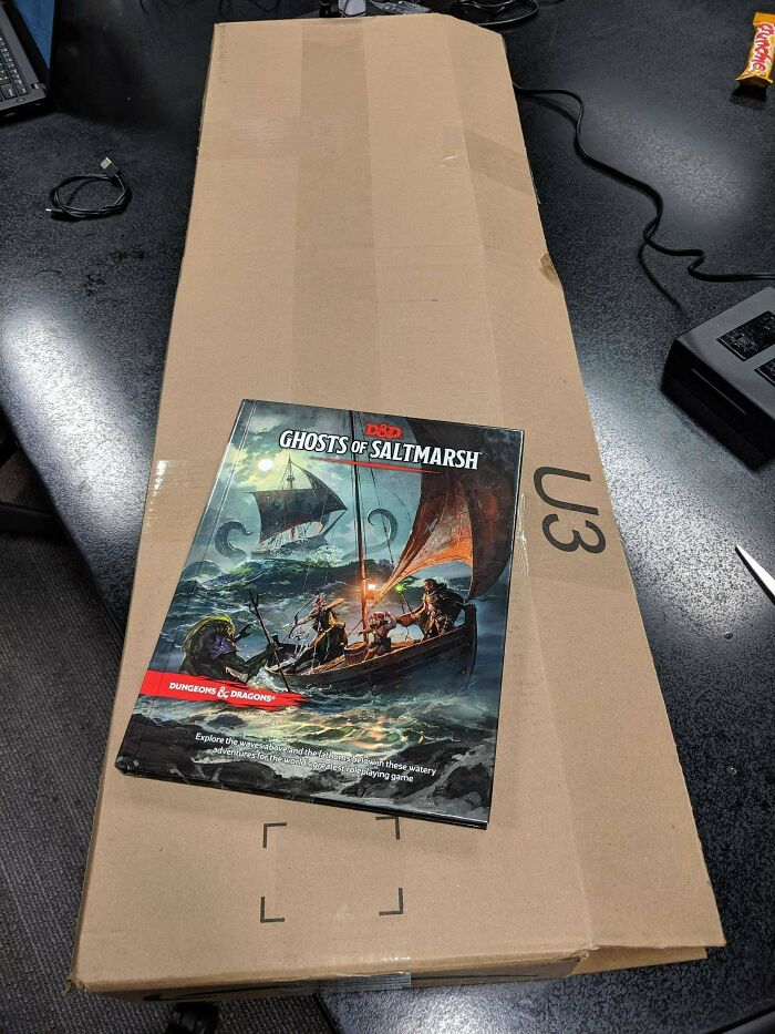 A small Dungeons and Dragons book sitting on an oversized shipping box representing a packaging fail.