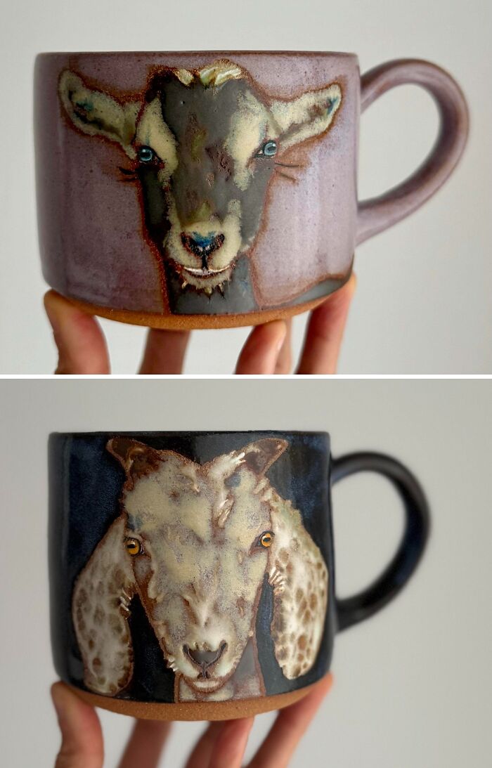 Handcrafted ceramic mugs featuring detailed goat faces, showcasing unique pottery creations.