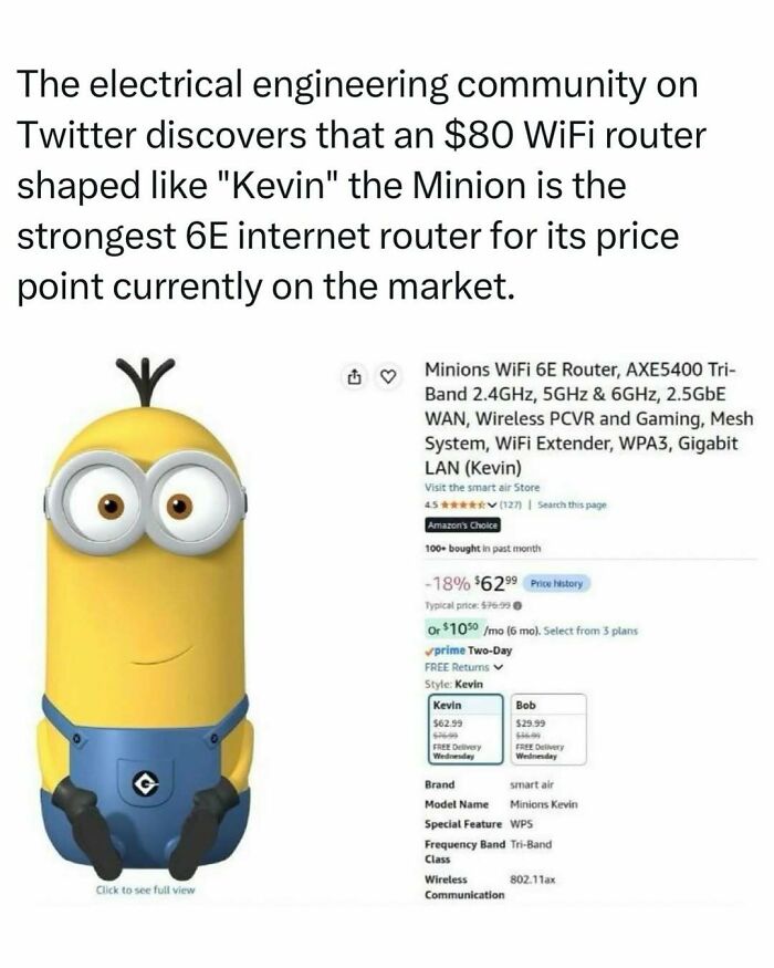 A Minions Kevin WiFi 6E router listing on Amazon, one of the fascinating stories from the tech community.