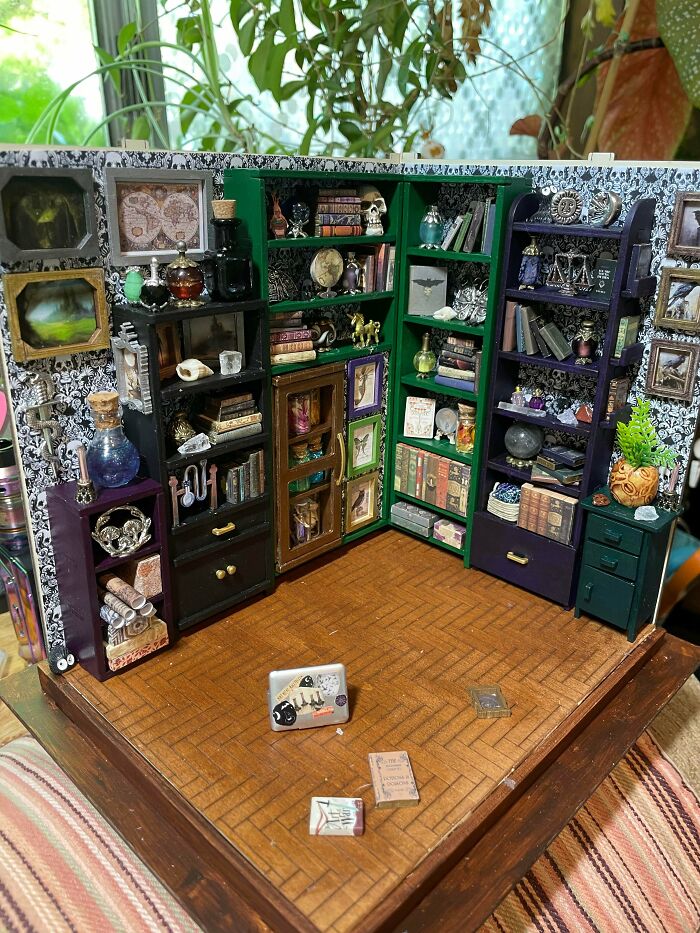 Magical apothecary miniature room filled with detail for book nooks