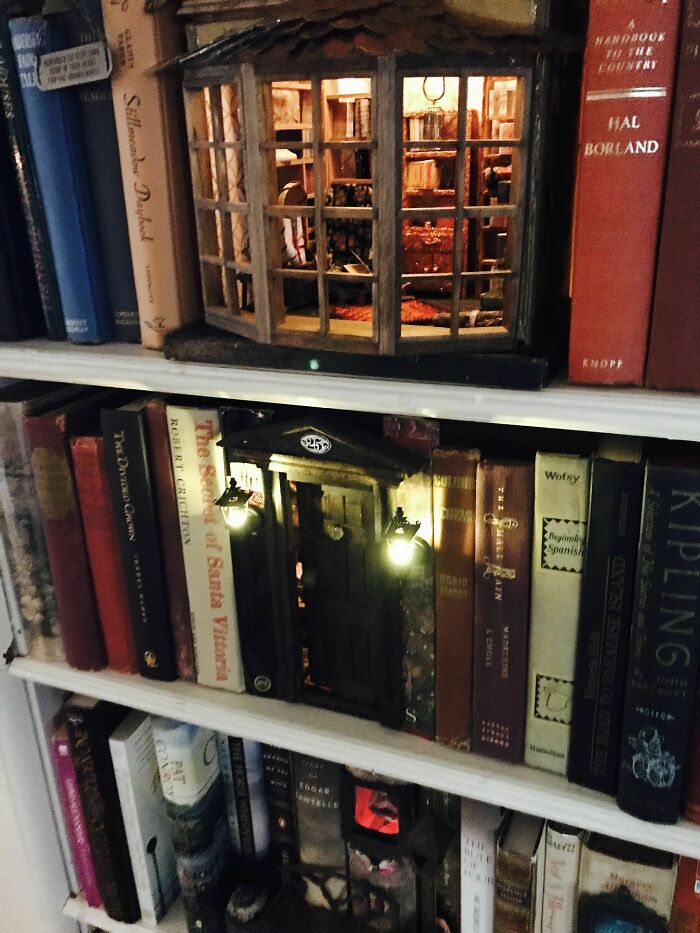 Two book nooks with warm lighting showing detailed rooms and doors on shelves