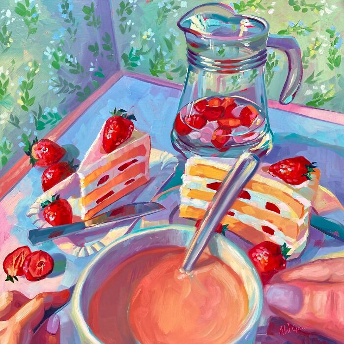 Colorful strawberry cake and tea scene in Alai Paintings style