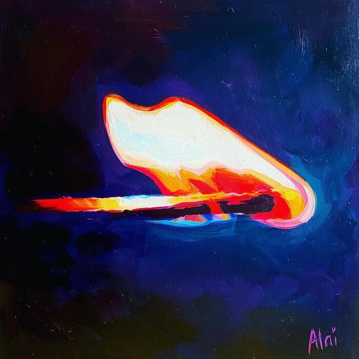 Alai Paintings featuring a vibrant abstract oil painting with a glowing match on a dark blue background