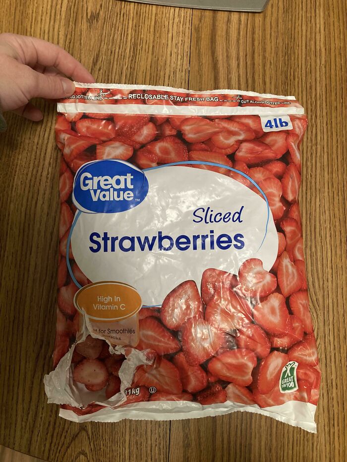 Husband funny quirk of opening a bag of frozen strawberries from the bottom instead of the zip top.