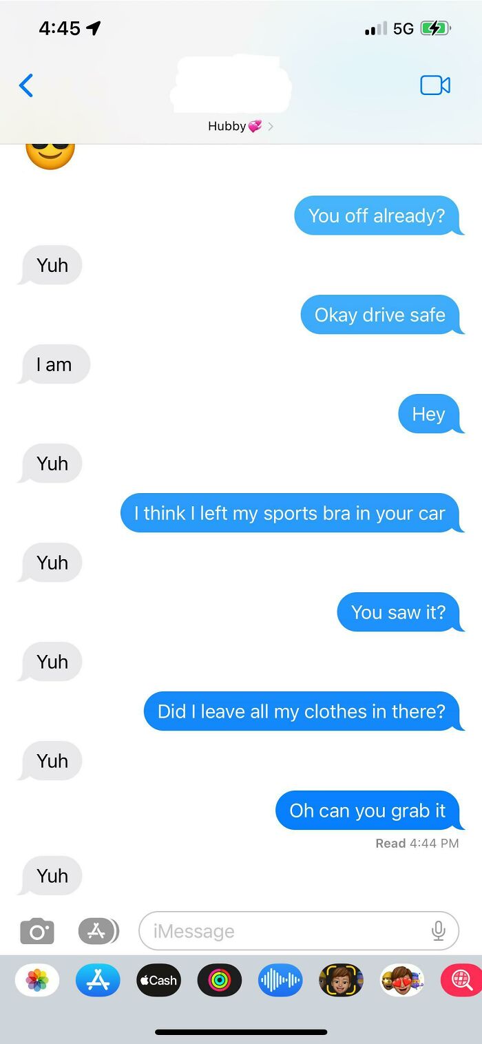 A chat conversation where husbands funniest quirks are shown through a dry one-word text response.