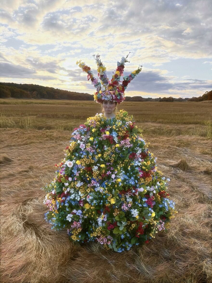 Woman in a full flower dress inspired by Midsommar for creative Halloween costume ideas.