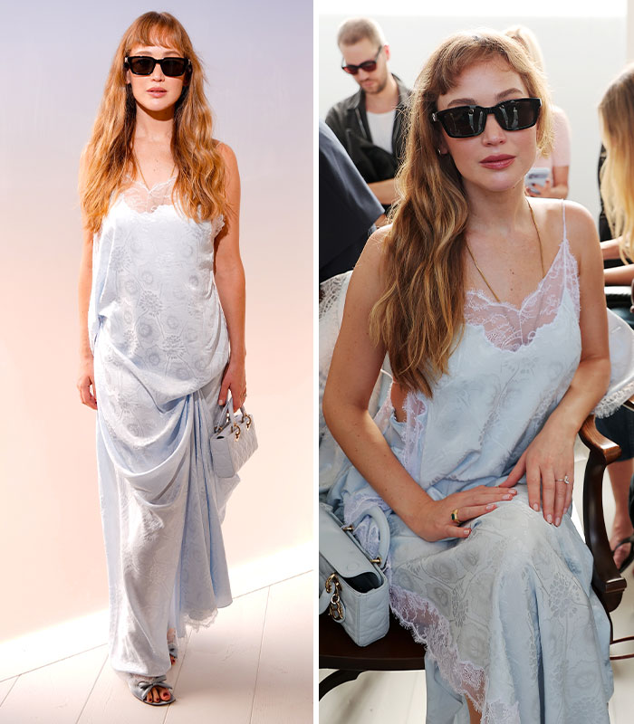 Jennifer Lawrence in a light blue slip dress, a look debated at the 2026 Paris Fashion Week.