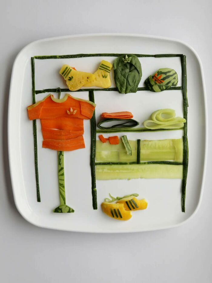 Sarah Rosado everyday food art of a clothes closet and apparel made with sliced vegetables.