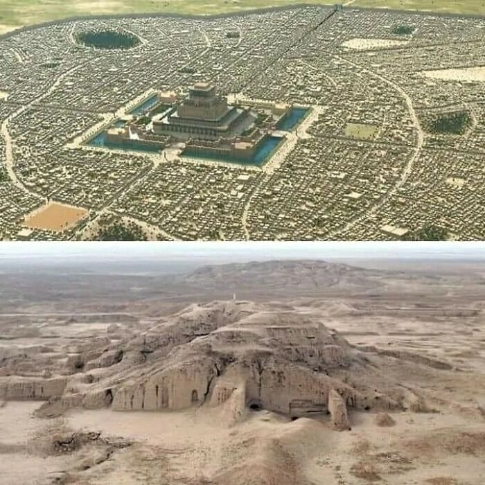 Aerial view illustration of an ancient city reconstruction compared to its present-day desert ruins, history facts.