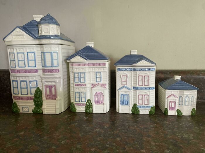 Four ceramic house canisters, great vintage thrift store finds