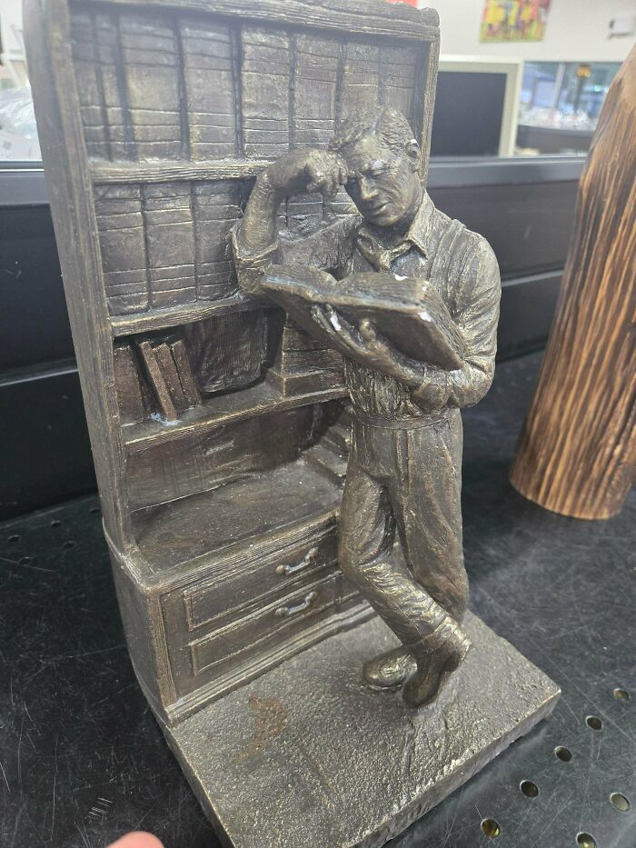 Bronze bookend statue of a man reading, neat thrift store finds