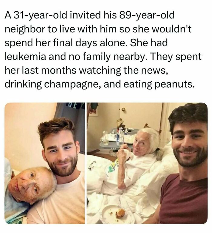 A young man smiling next to his elderly neighbor in bed, a heartwarming example of fascinating stories.