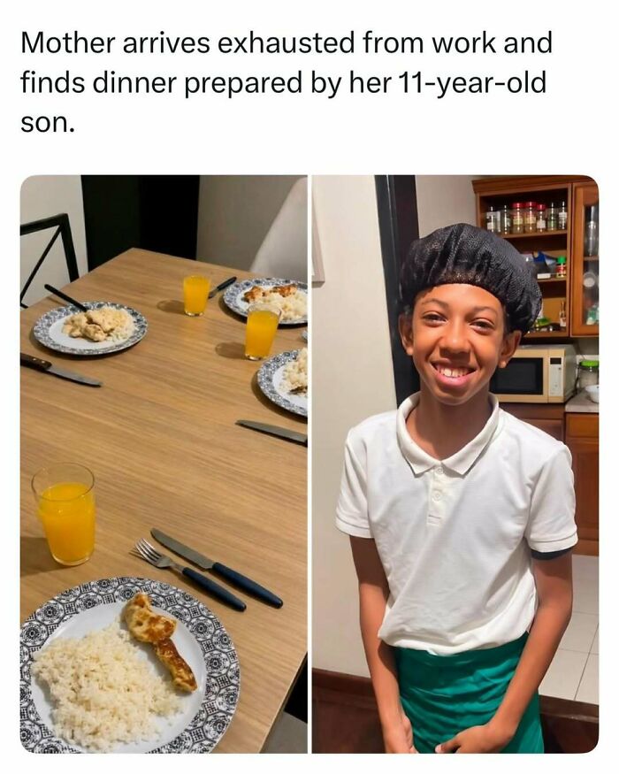 An 11-year-old boy next to a table with dinner, illustrating random finds from the internet.