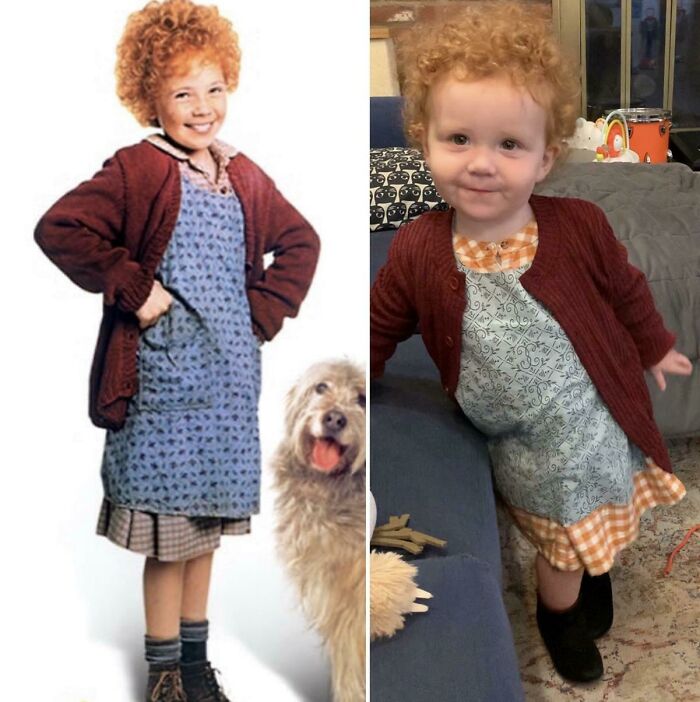 Side-by-side comparison of Annie from the classic movie and a toddler dressed in a matching kids Halloween costume.