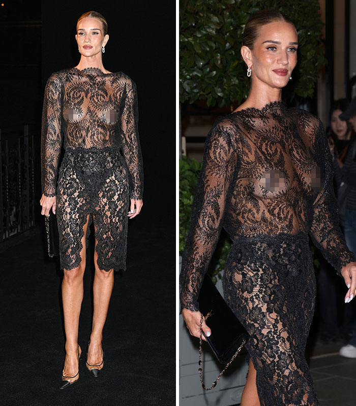 Rosie Huntington-Whiteley in a sheer black lace dress at the 2026 Paris Fashion Week.