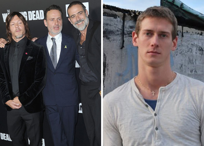 The Walking D**d cast beside stuntman John Bernecker, highlighting set security fails in Hollywood productions.