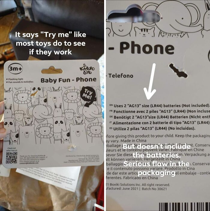 Try Me toy packaging fail where required batteries are not included.