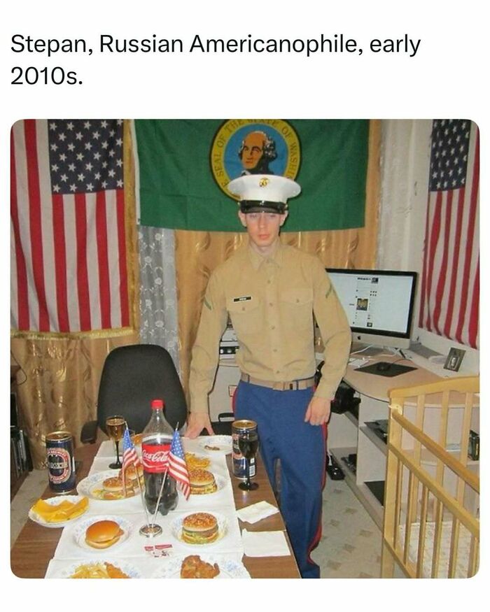 A Russian Americanophile with US flags and burgers, among random finds online.