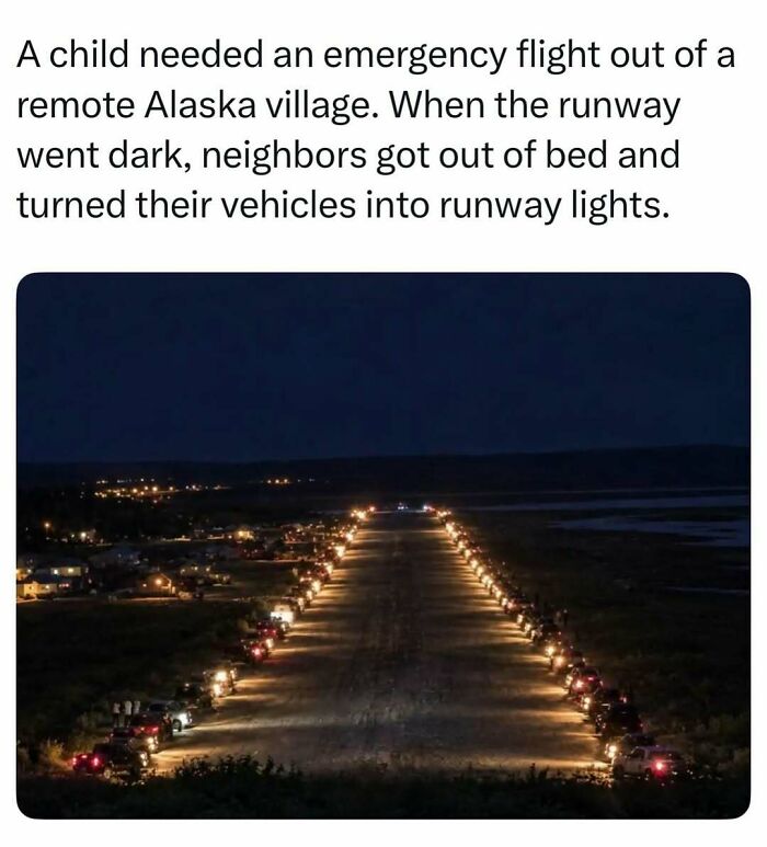 Vehicles lighting up a dark runway in Alaska, exemplifying fascinating stories from the internet.