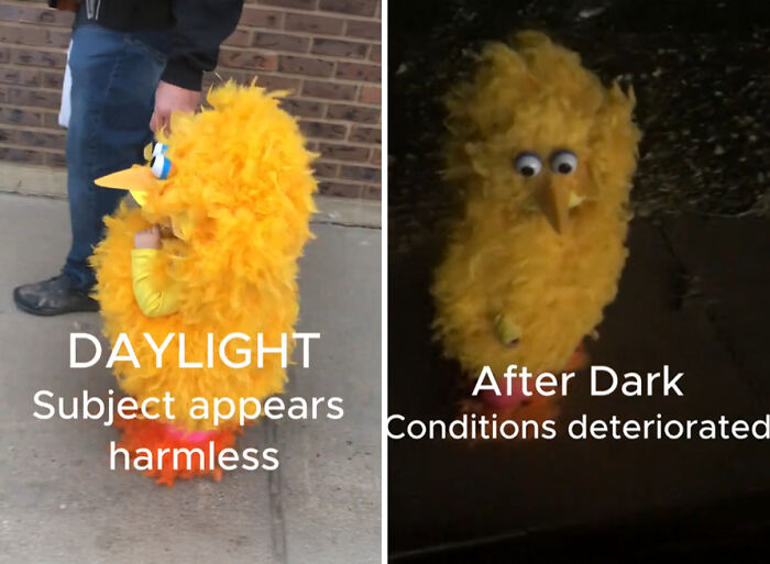 Side-by-side view of a kid wearing a fluffy yellow Big Bird costume in daylight and glowing at night
