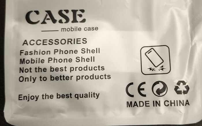 Mobile case package printed with humorous translation errors illustrating bad packaging fails.