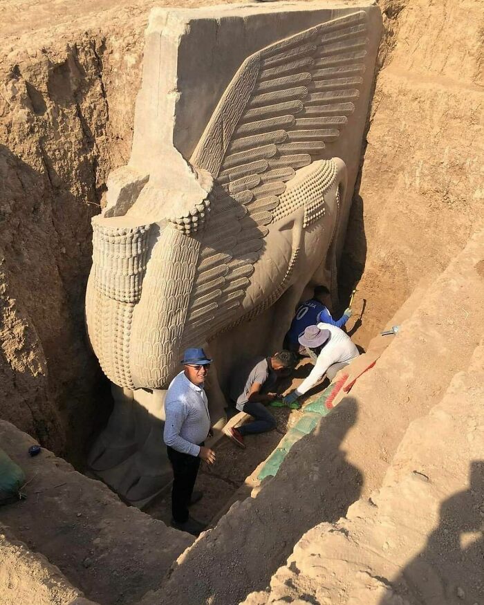 Archaeologists unearthing a massive winged bull statue, revealing cool history and ancient artifacts.