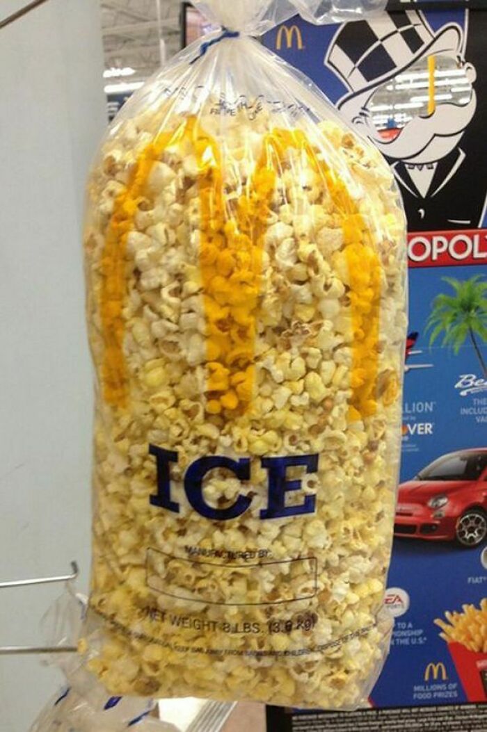 Popcorn mislabeled in a bag printed with ICE, illustrating funny packaging fails.