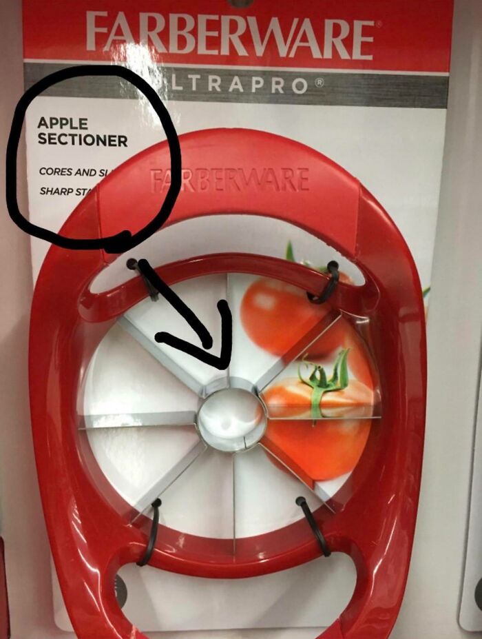 Packaging for an Apple Sectioner displaying a picture of tomatoes, an amusing packaging fail
