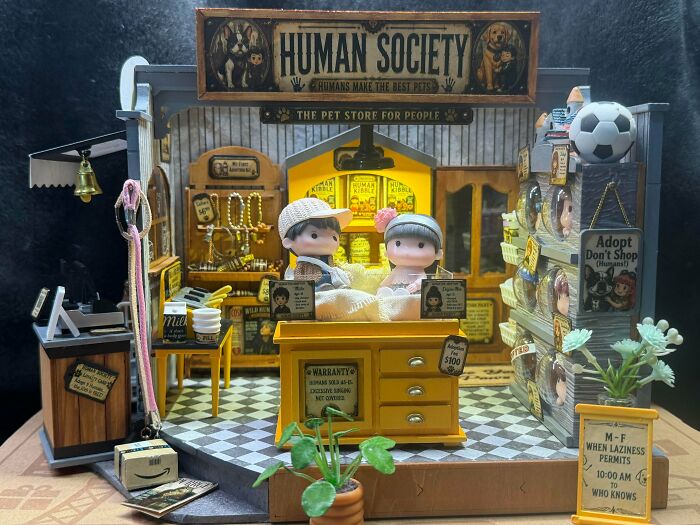 Cute Human Society miniature pet shop book nook with tiny doll figures on display