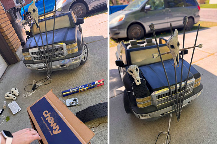 A black toy truck with animal skulls on it being prepared for a Mad Max photoshoot.