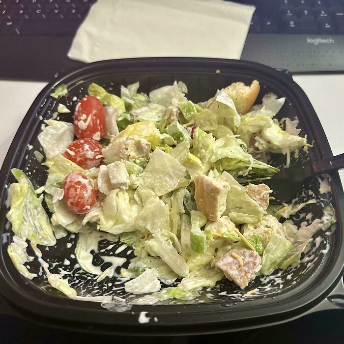 Husband funny quirk of eating only the chicken and tomatoes from a Caesar salad, leaving the lettuce.