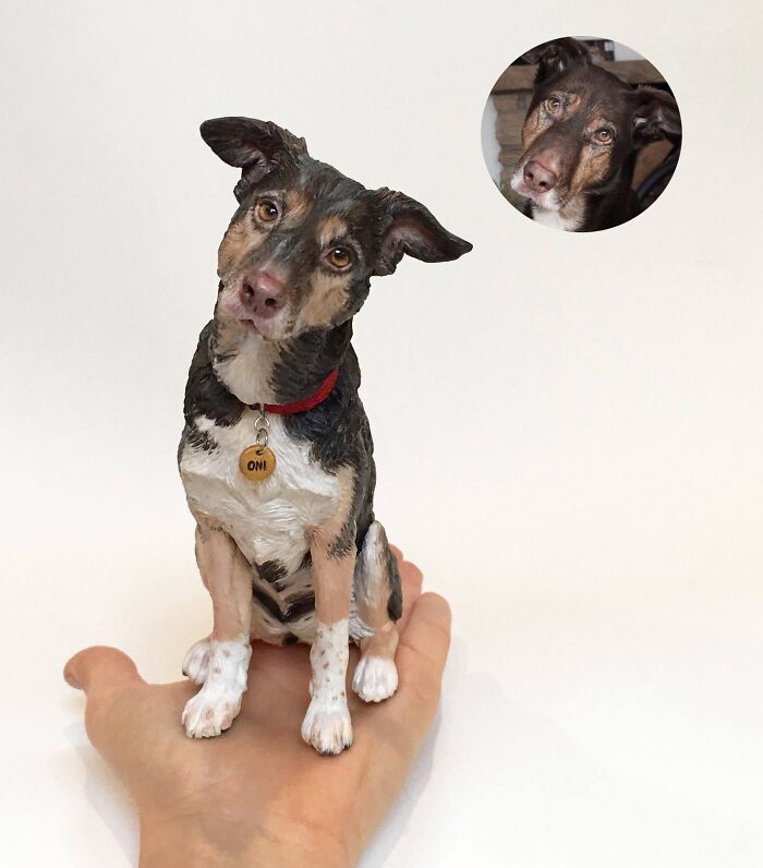 A person holding a hyperrealistic sculpture of a mixed breed dog pet next to a photo of the real pet.