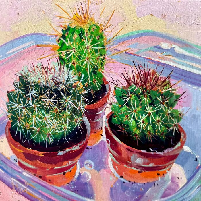Alai Paintings style oil painting of three small green cacti in terracotta pots