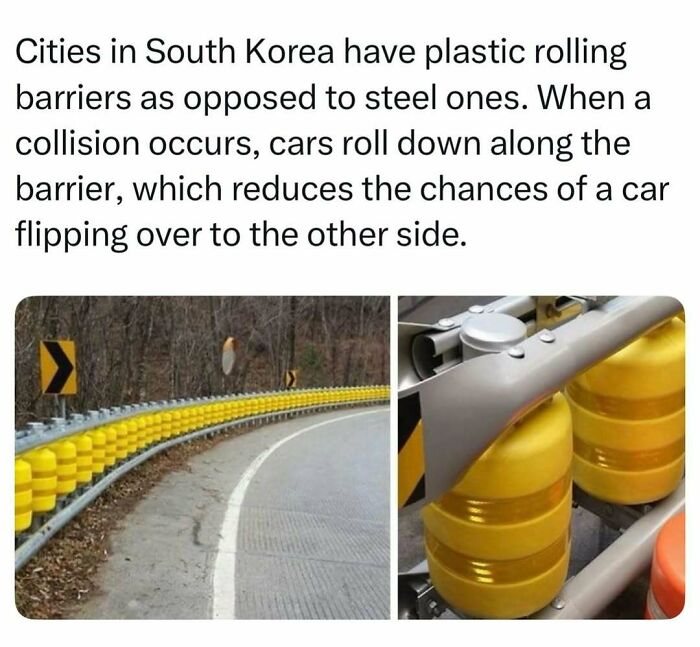 Yellow plastic rolling barriers on a curve, representing fascinating stories from South Korea.