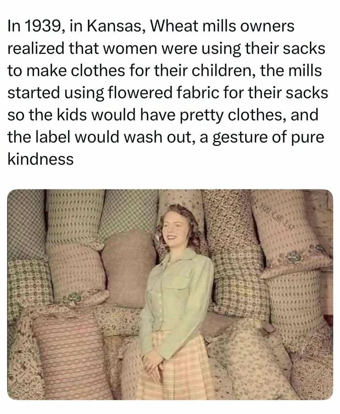 A vintage photo of a woman standing in front of patterned sacks, illustrating fascinating stories.