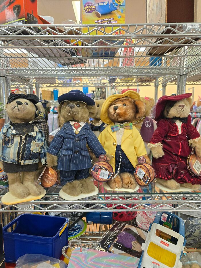 Collectible plush teddy bears dressed in unique vintage outfits displayed on a thrift store shelf