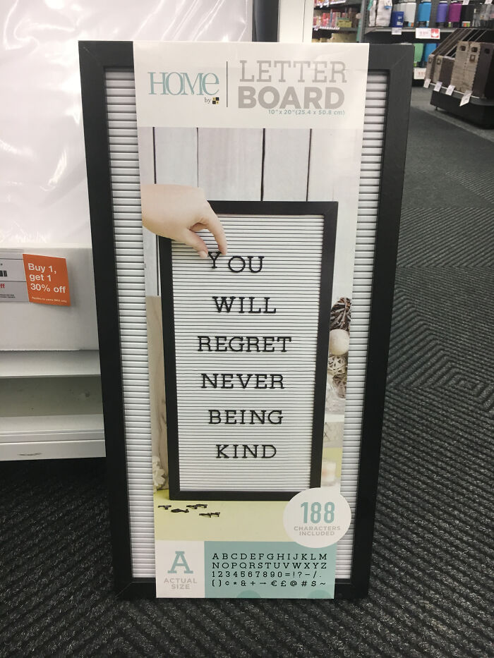Home letter board box displaying confusing text layout as a packaging fail example