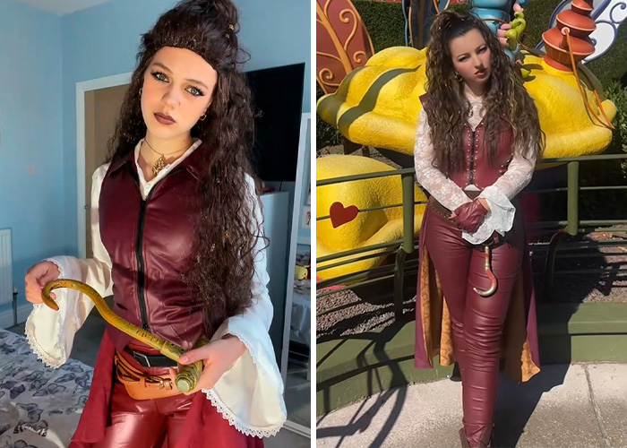 Female Halloween costume with maroon leather outfit and whip