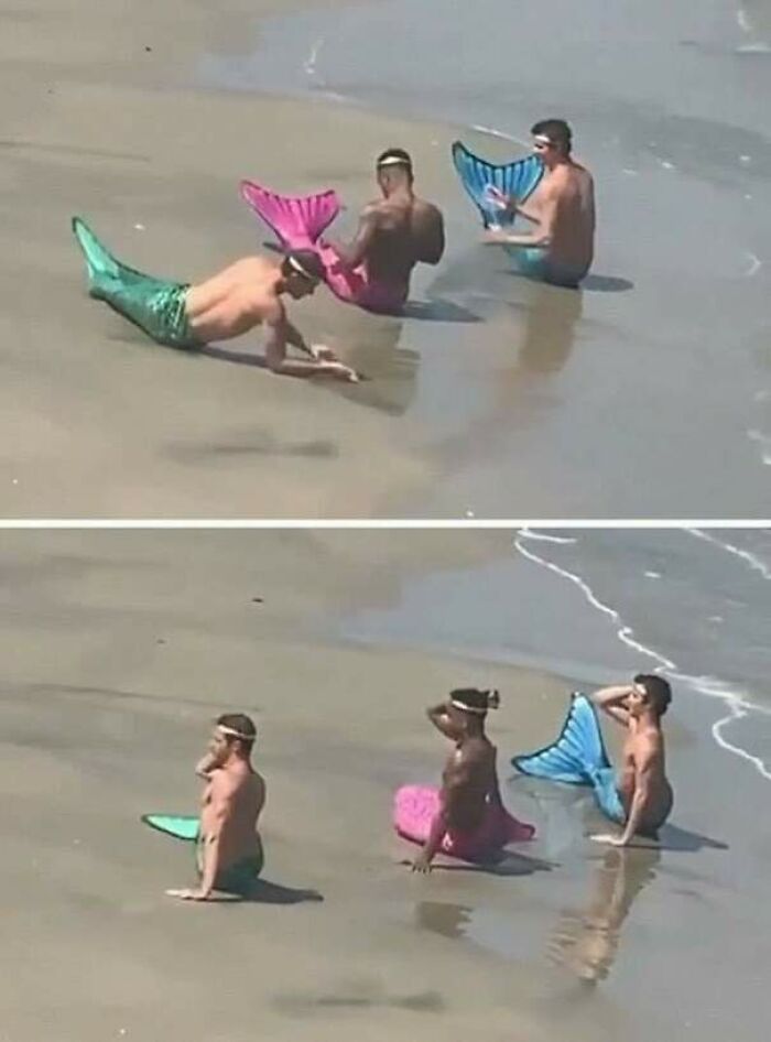 Influencers wearing mermaid tails pose on a beach as if treating public spaces as their studio.