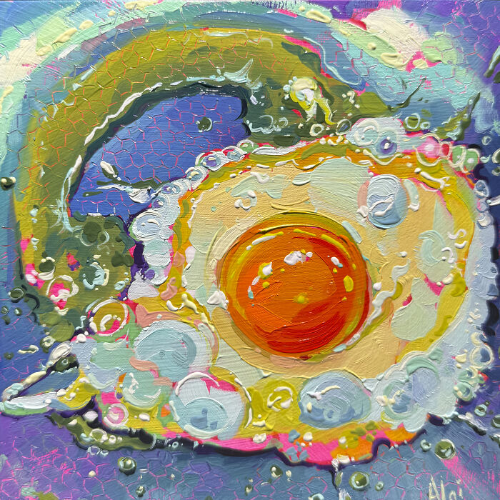 Colorful Alai Paintings art depicting a fried egg with vibrant yellow and blue brushstrokes