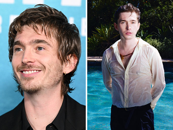 Side-by-side photo of actor Drew Starkey as a potential Hollywood Hunks contender.